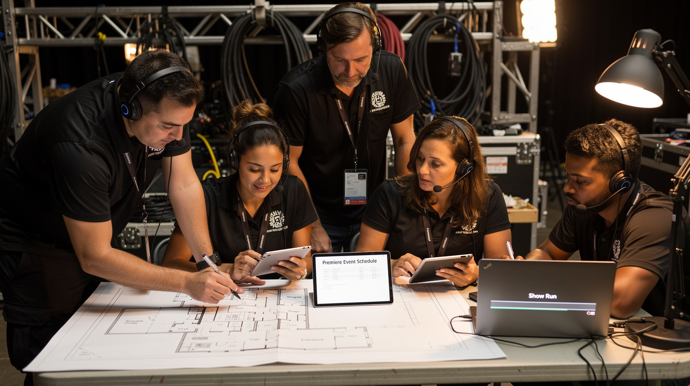 Event production team planning backstage with floor plans and monitors
