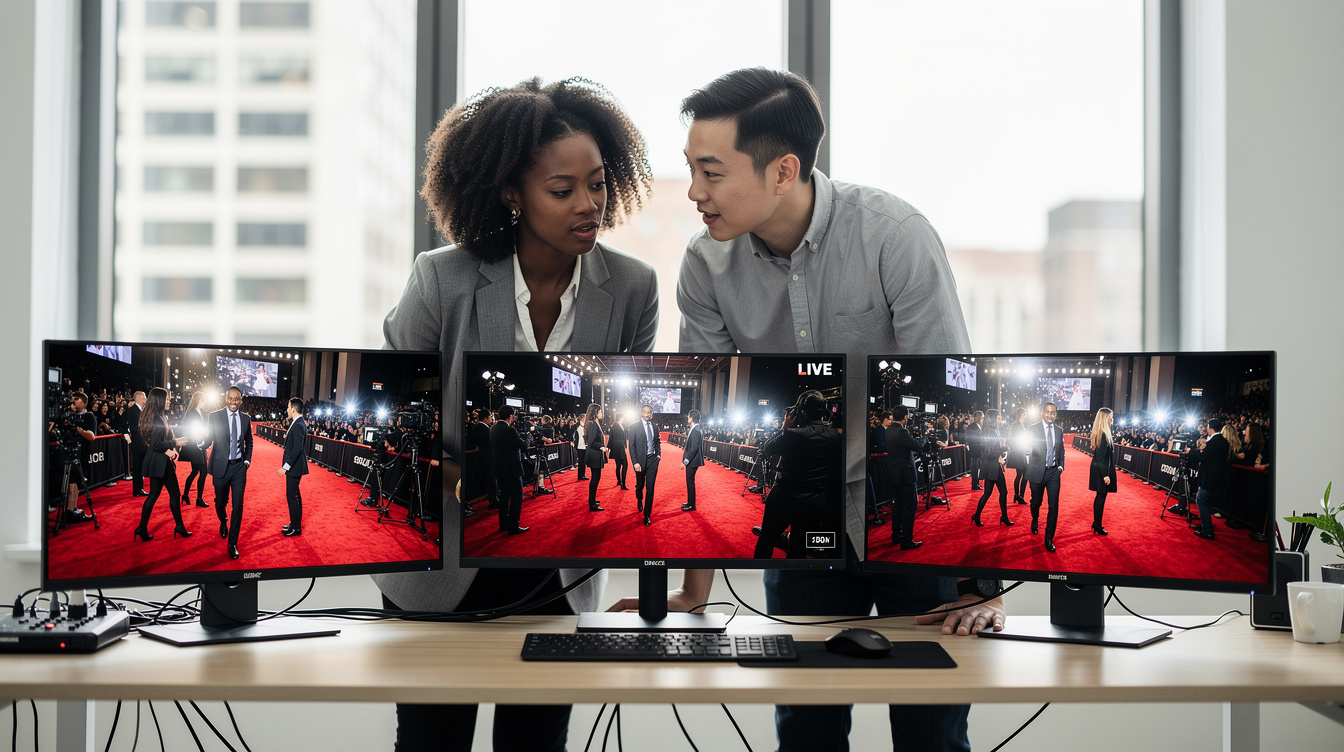 Media production office with monitors showing event footage