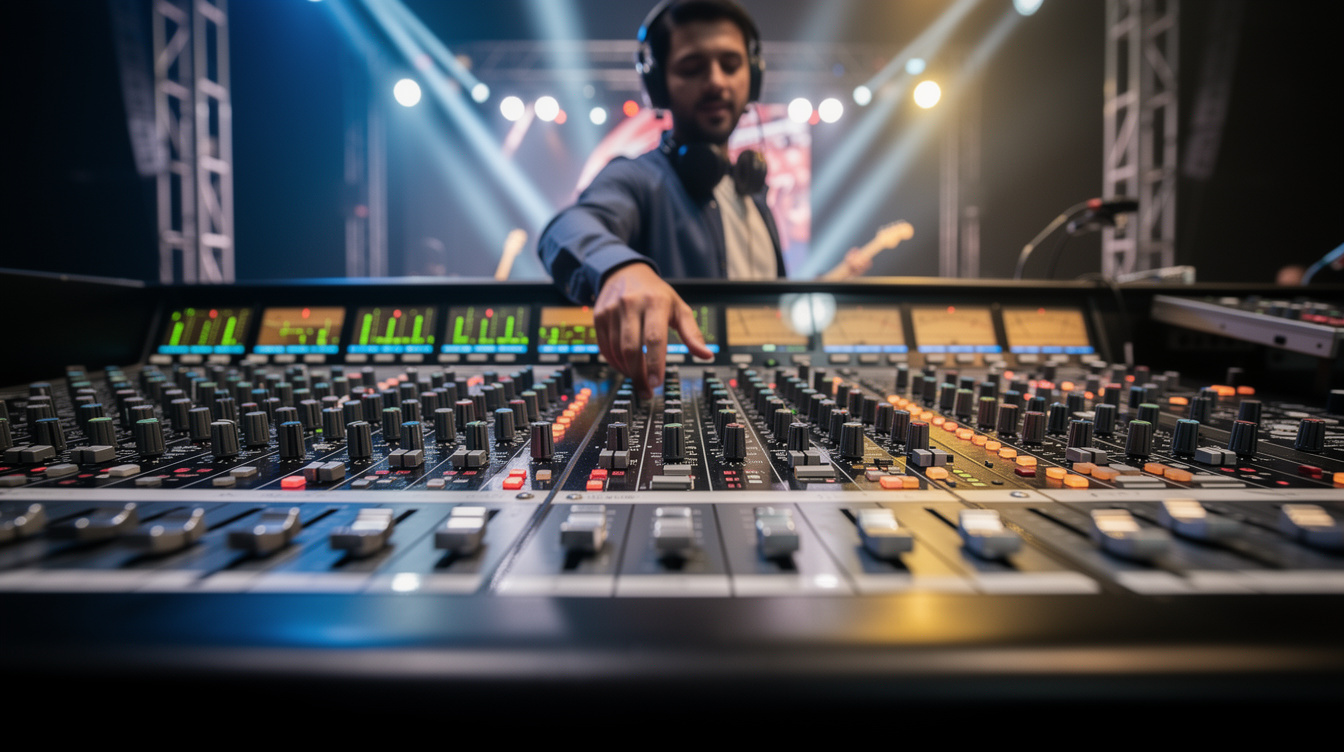 Audio engineer operating a sound mixing console during a live event