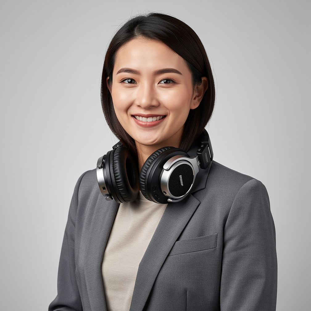 Studio portrait of a woman sound engineer with headphones