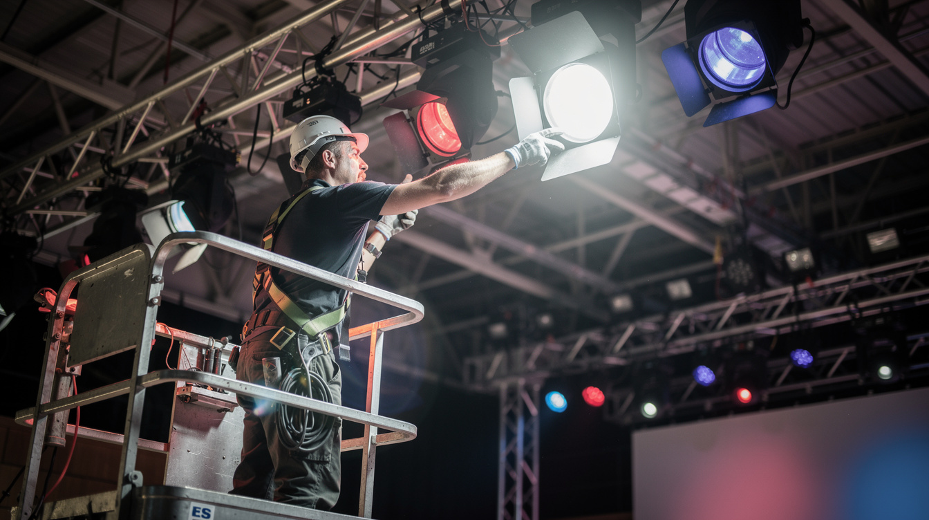 Technician adjusting a spotlight on a lighting truss above a stage