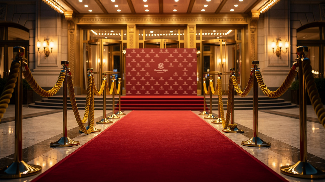 Red carpet rolled out with velvet ropes before a premiere event