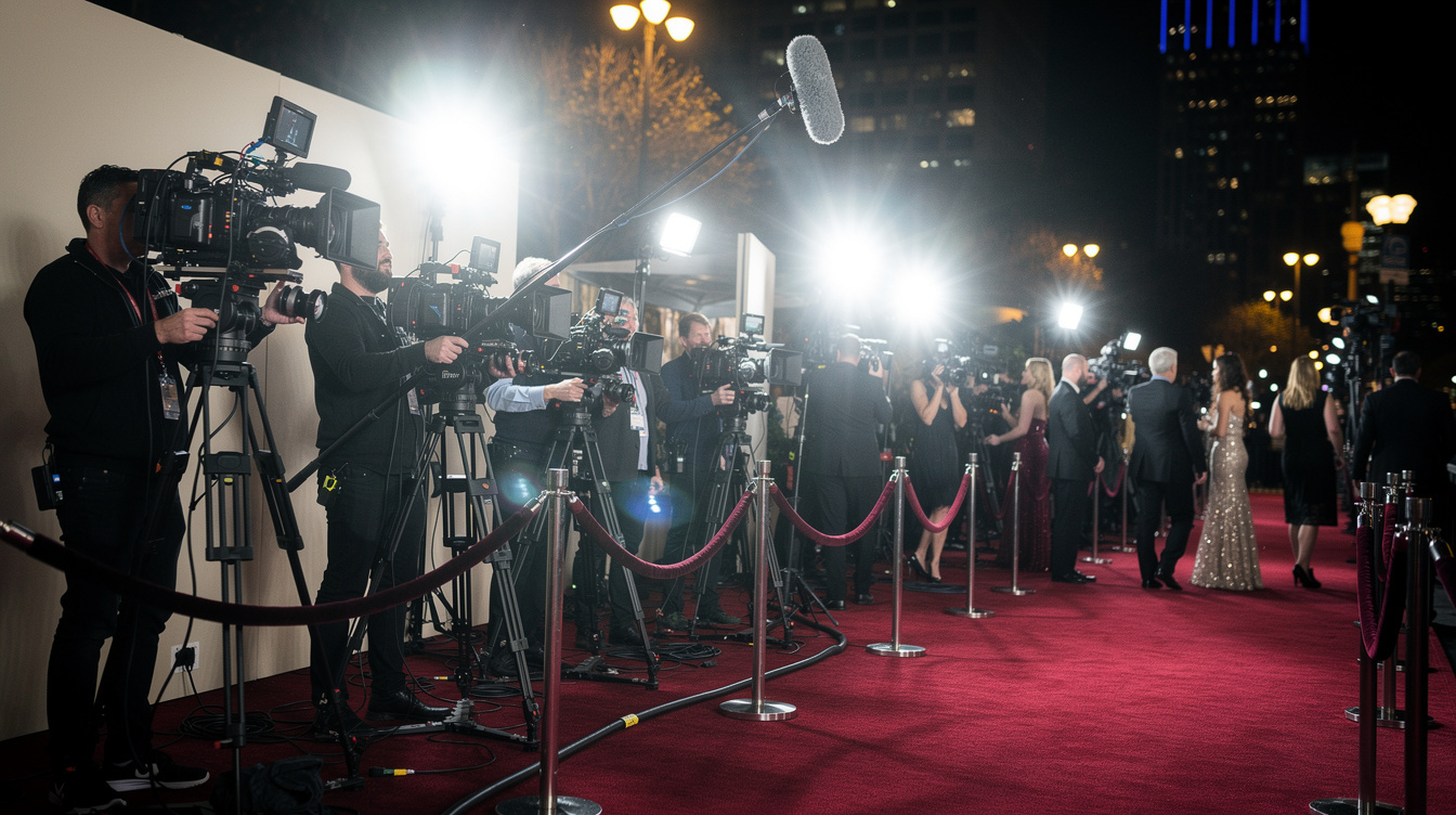 Film crew filming a red carpet premiere at night