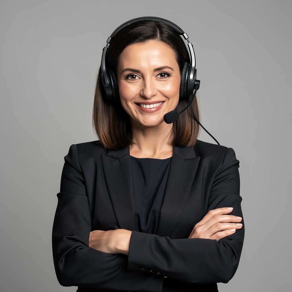 Studio portrait of a woman event producer with headset