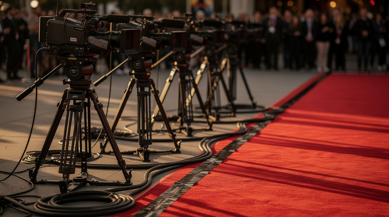 Multiple cameras on tripods positioned at different angles at a red carpet event