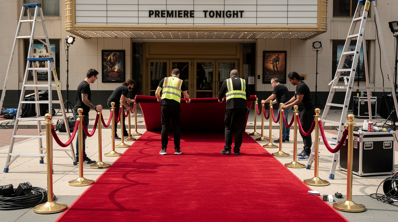 Crew rolling out a red carpet and arranging stanchions before a premiere