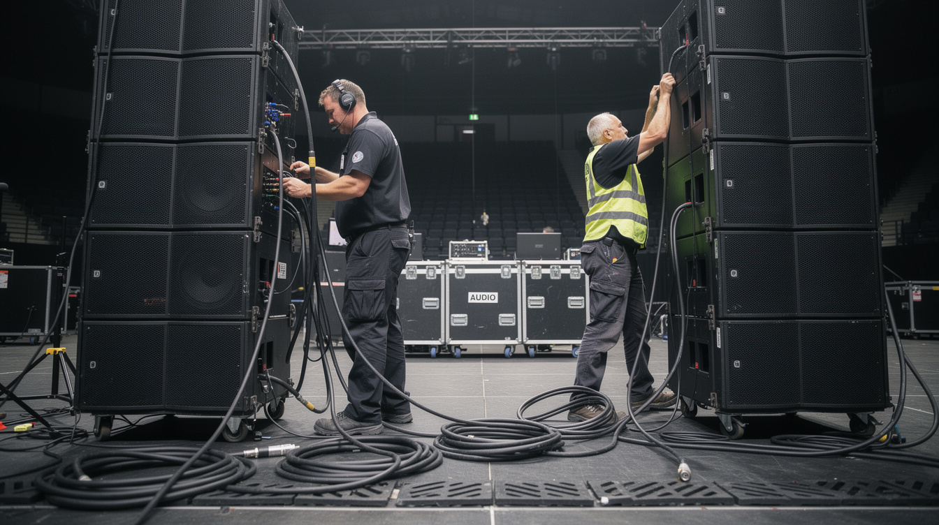 Technicians setting up speaker stacks and cables for an event sound system